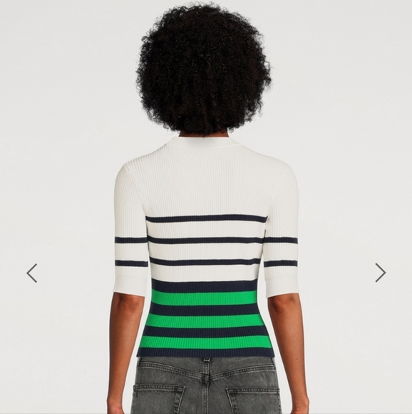 LG Frame Cotton Sweater Blend Navy and Green Striped Crew Neck Rib - Picture 8 of 10